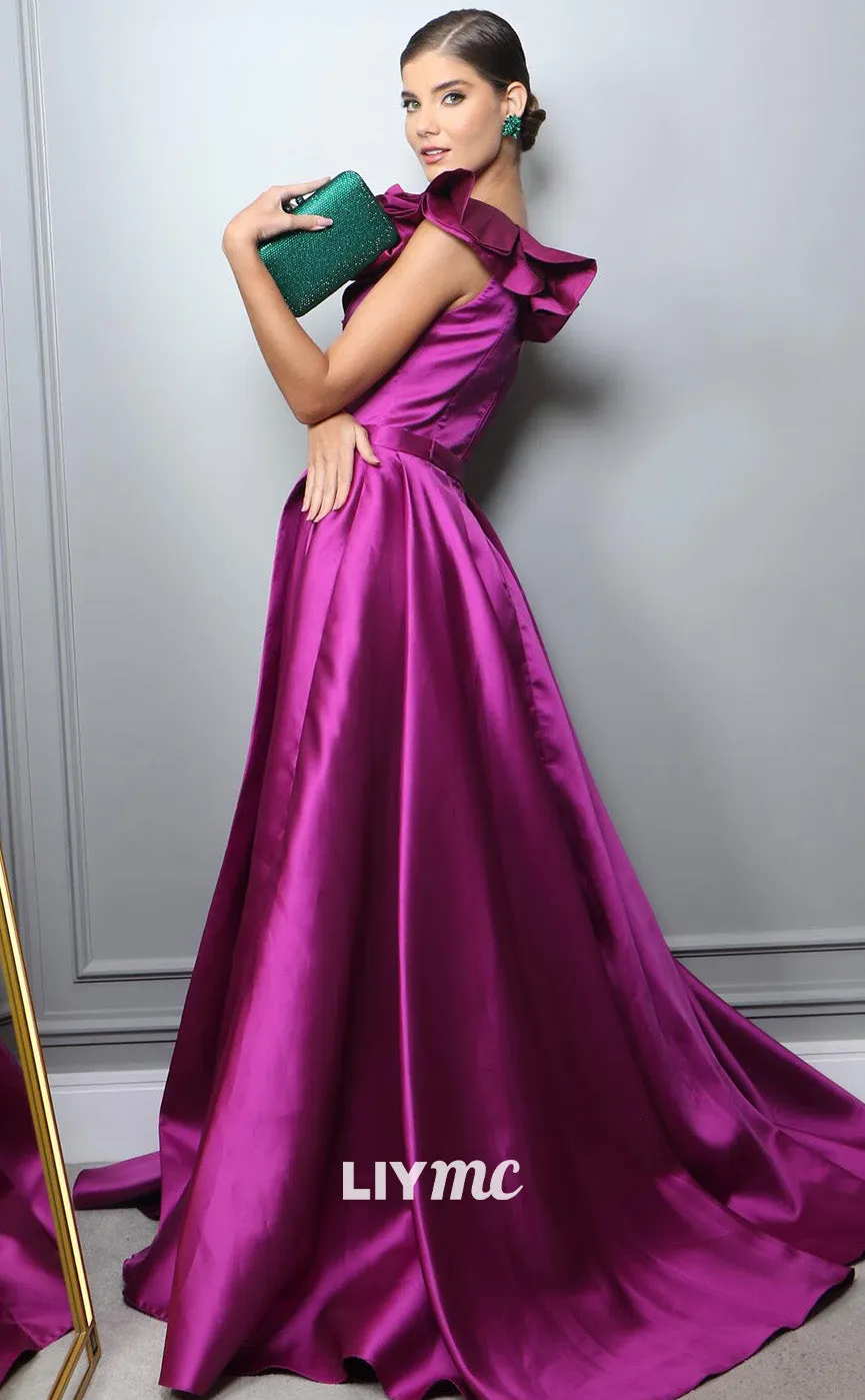 LP1956 - Asymmetrical Floral Sleeveless Pleated Sleek Satin A-Line Prom Dress