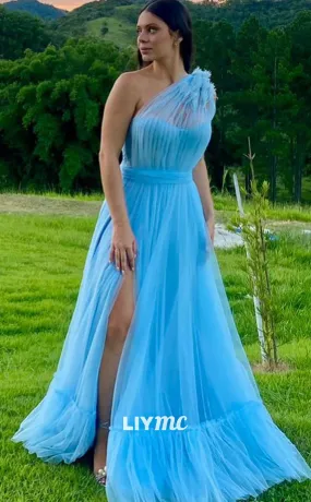 LP1958 - Simple Asymmetrical Sleeveless Feathered Tull Side Slit A-Line Prom Dress