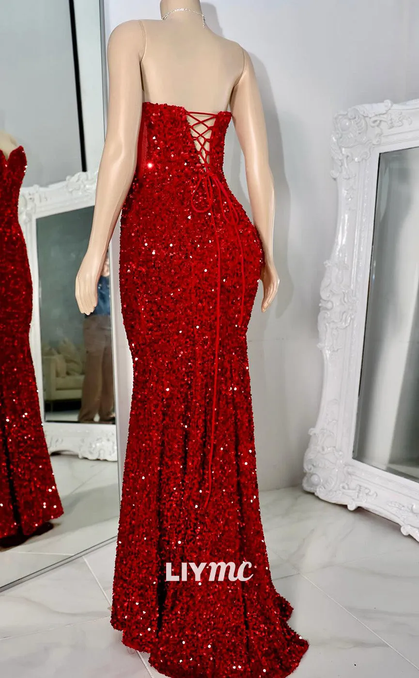 LP1959 - V-Neck Sleeveless Lace-Up Sequins Mermaid Sparkly Prom Dress