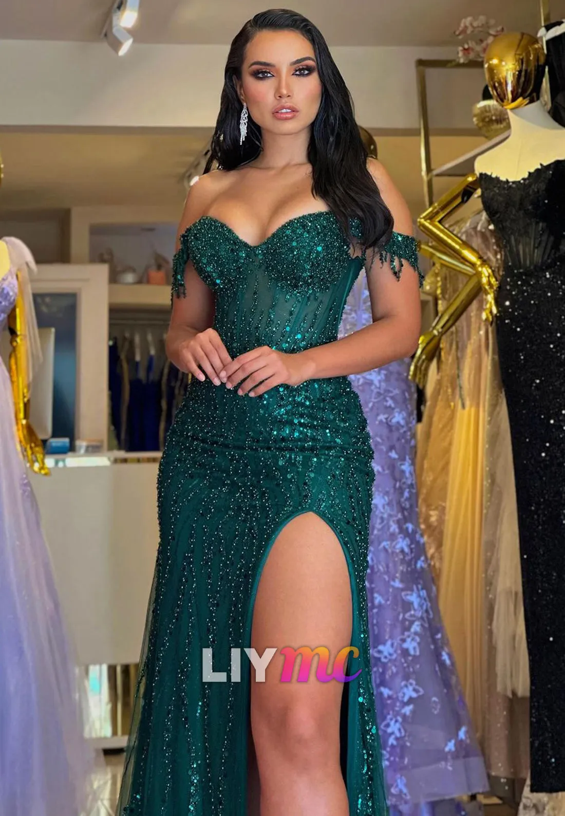 LP2041 - Off-Shoulder Strapless Beaded Sequins High Slit Prom Dress