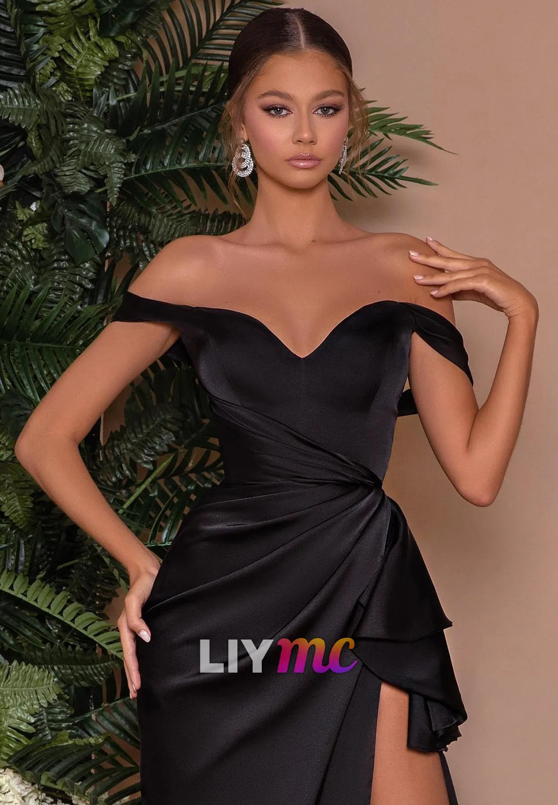 LP2306 - Off-Shoulder Pleated High Slit Sleek Satin Sheath Prom Dress