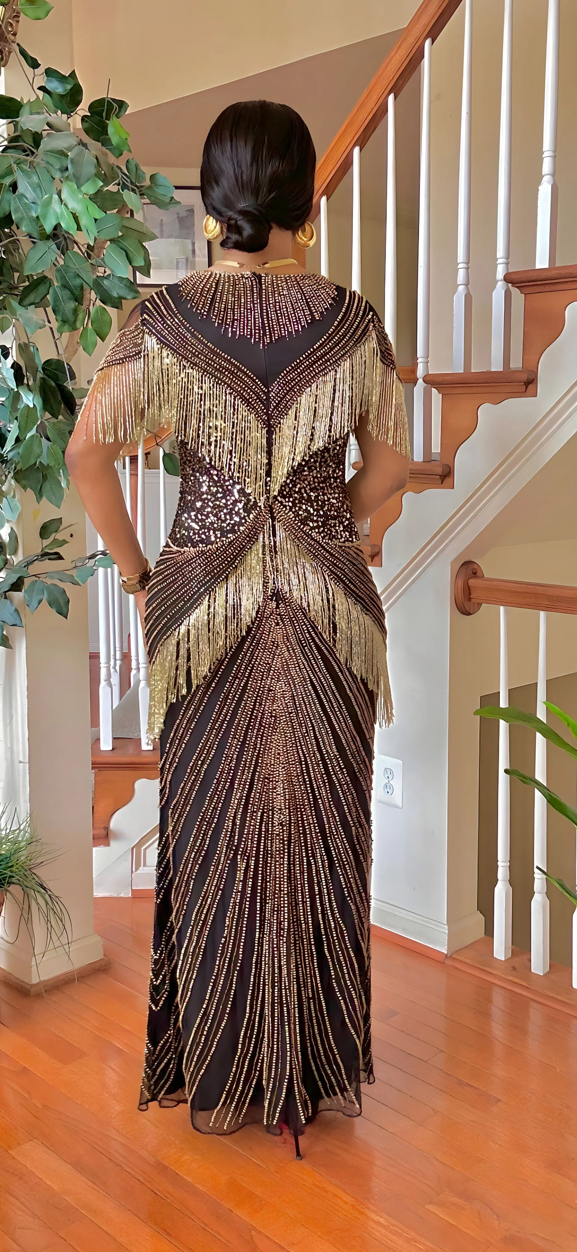 LUXURY SHORT SLEEVE BEADED SEQUINS MAXI DRESS(GOLD/BLACK)