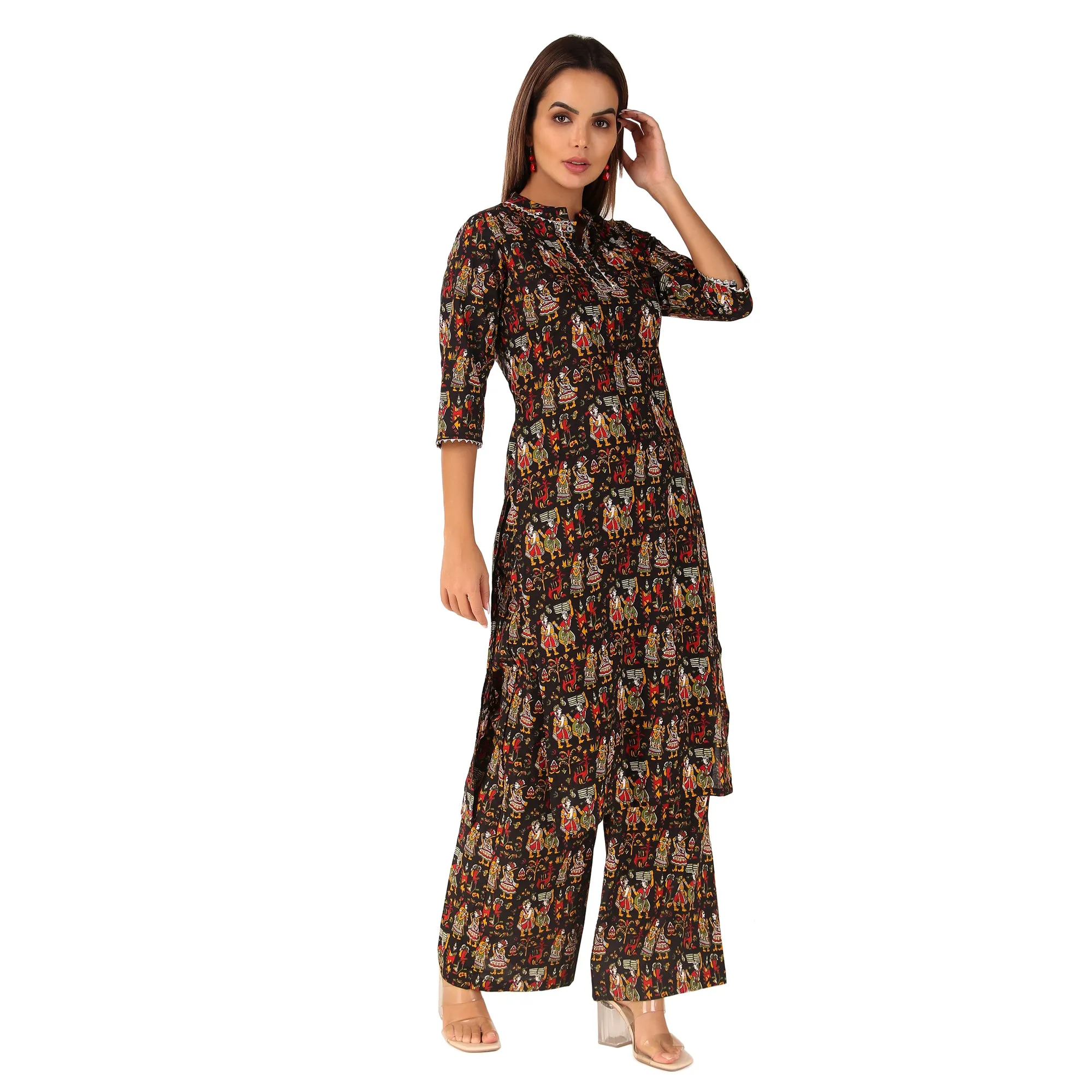 MAGNETISM black Kalamkari GUJRI Print Cotton Kurti with Pant