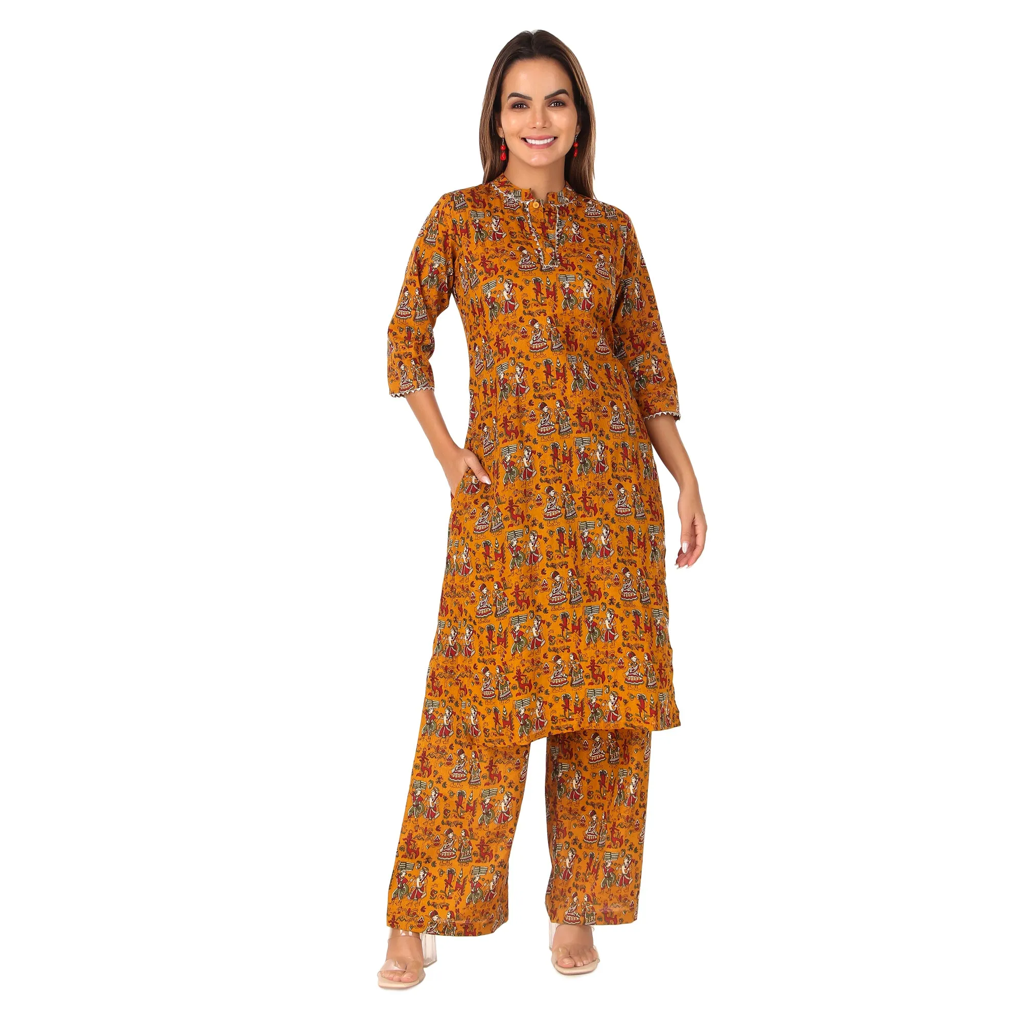 MAGNETISM Kalamkari Cotton Kurti Pant Mustard