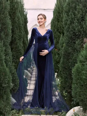 Maternity V Neck Long Sleeves Mermaid Hem Velvet Dress