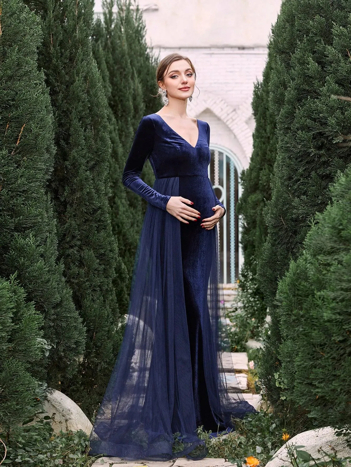 Maternity V Neck Long Sleeves Mermaid Hem Velvet Dress