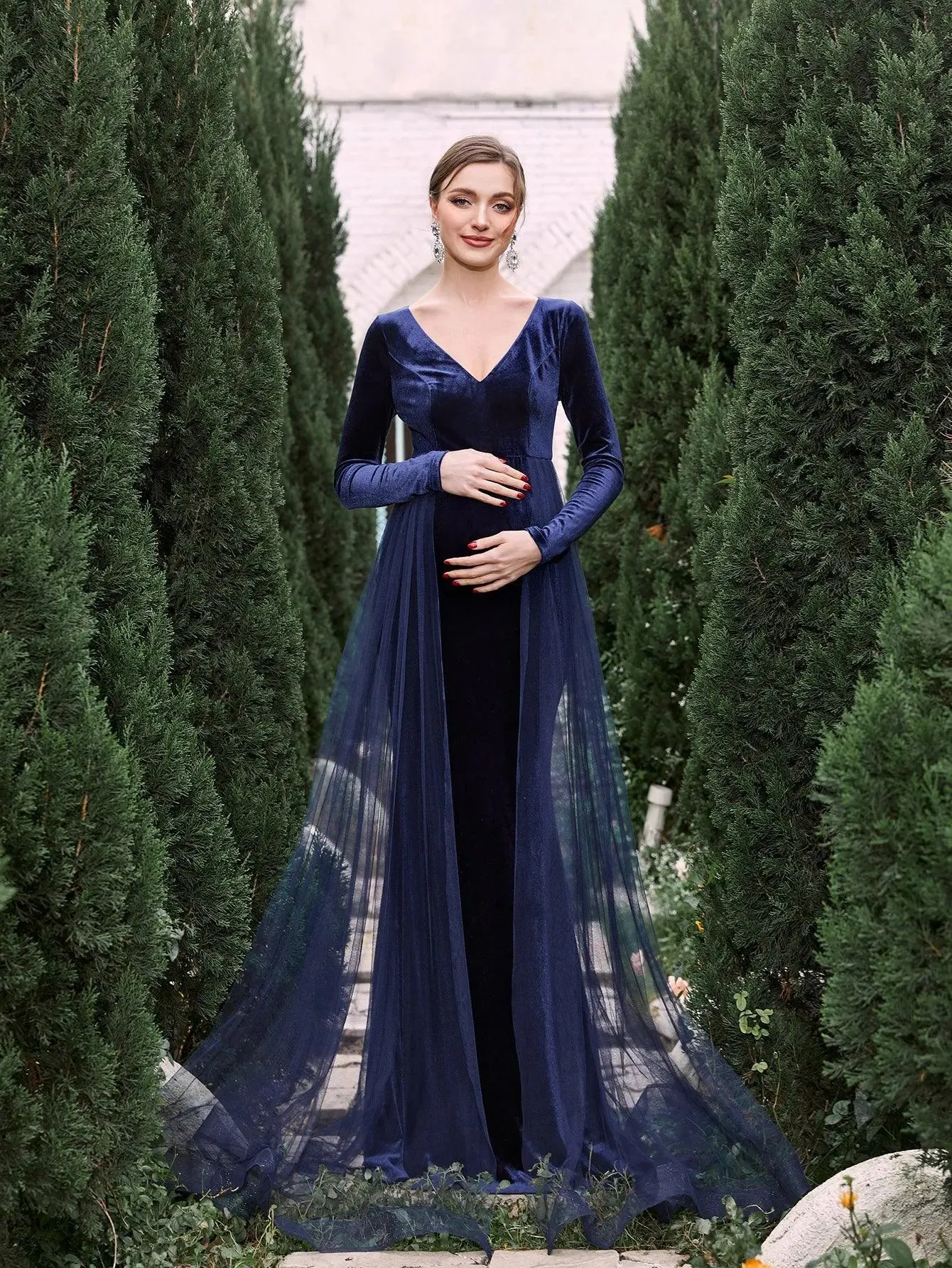 Maternity V Neck Long Sleeves Mermaid Hem Velvet Dress