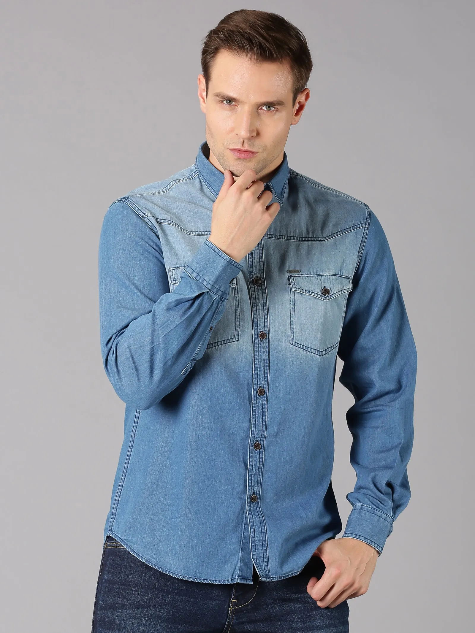 MEN'S BLUE DENIM WASHED SLIM FIT SHIRT