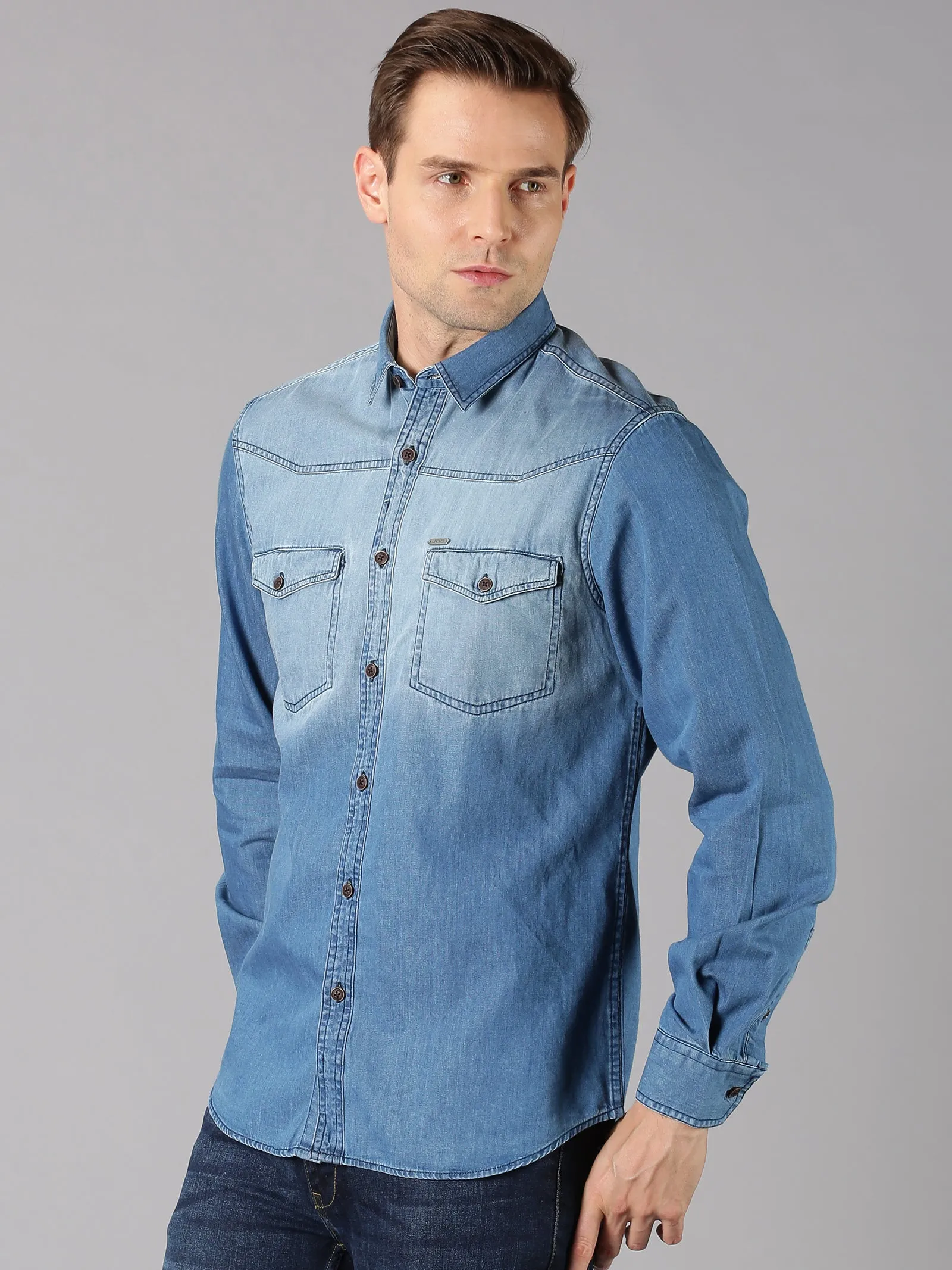 MEN'S BLUE DENIM WASHED SLIM FIT SHIRT