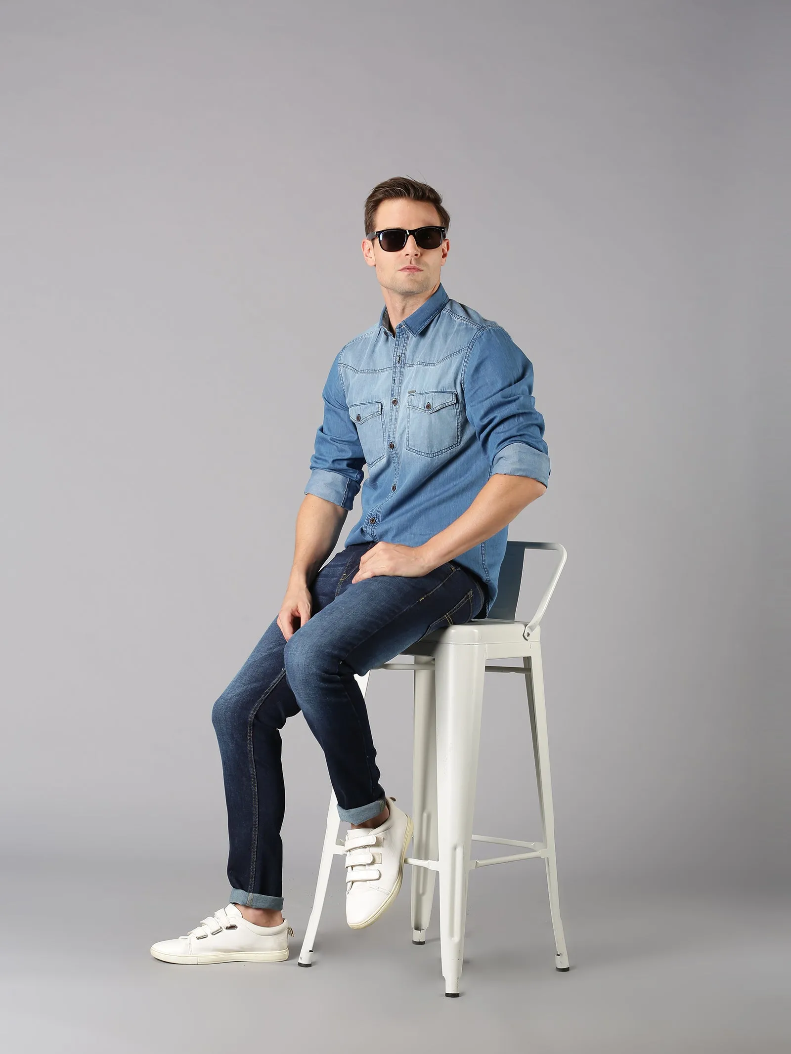 MEN'S BLUE DENIM WASHED SLIM FIT SHIRT