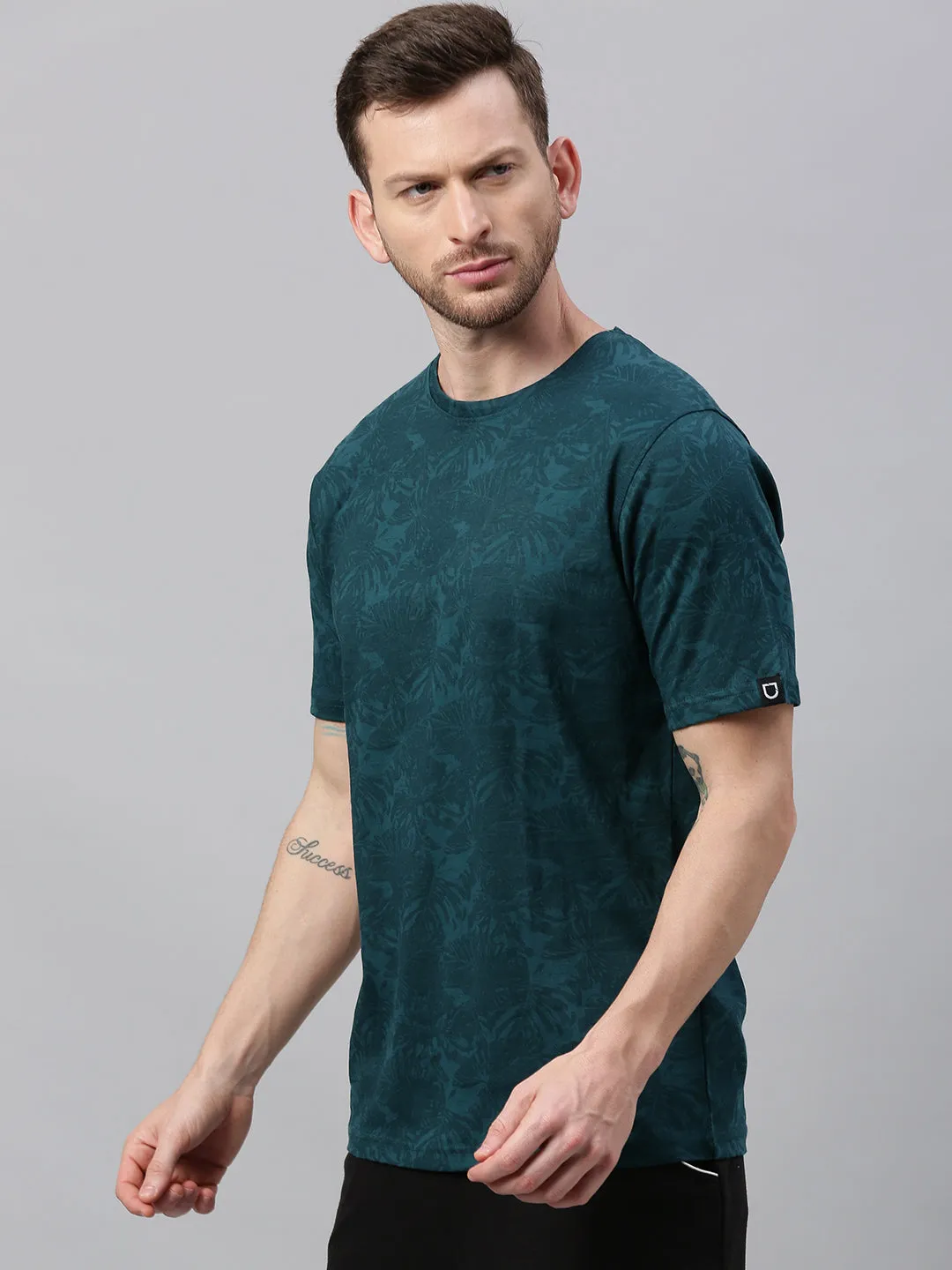 Men's Dark Green Printed Slim Fit Cotton T-Shirt