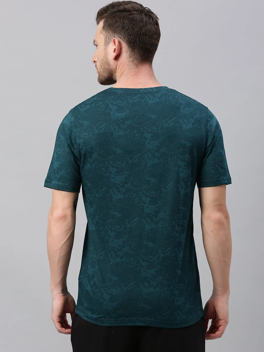 Men's Dark Green Printed Slim Fit Cotton T-Shirt