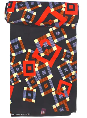 Navy Blue with Red and Light Blue Squares African Print  - CA307