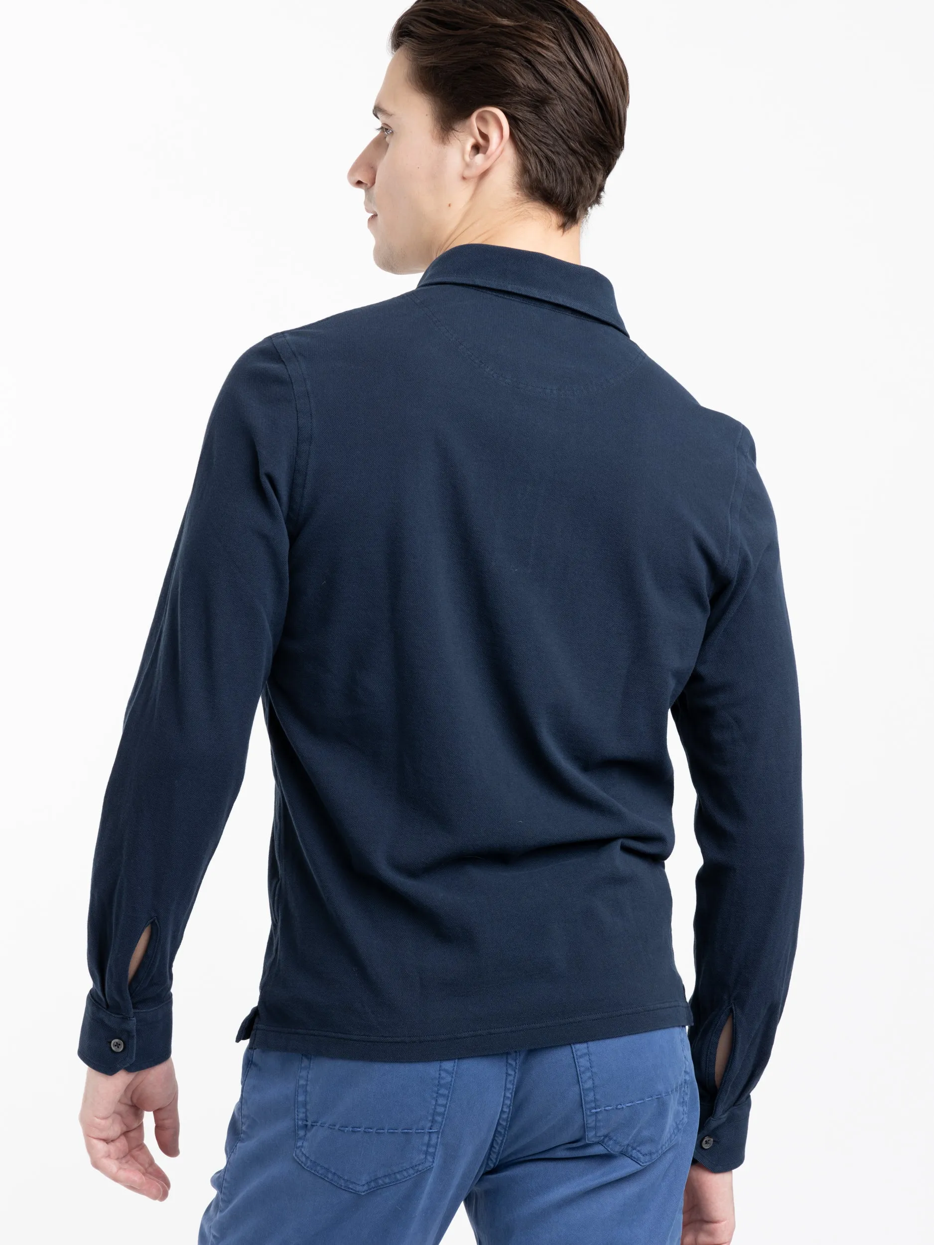 Navy Cotton Long-Sleeve Polo