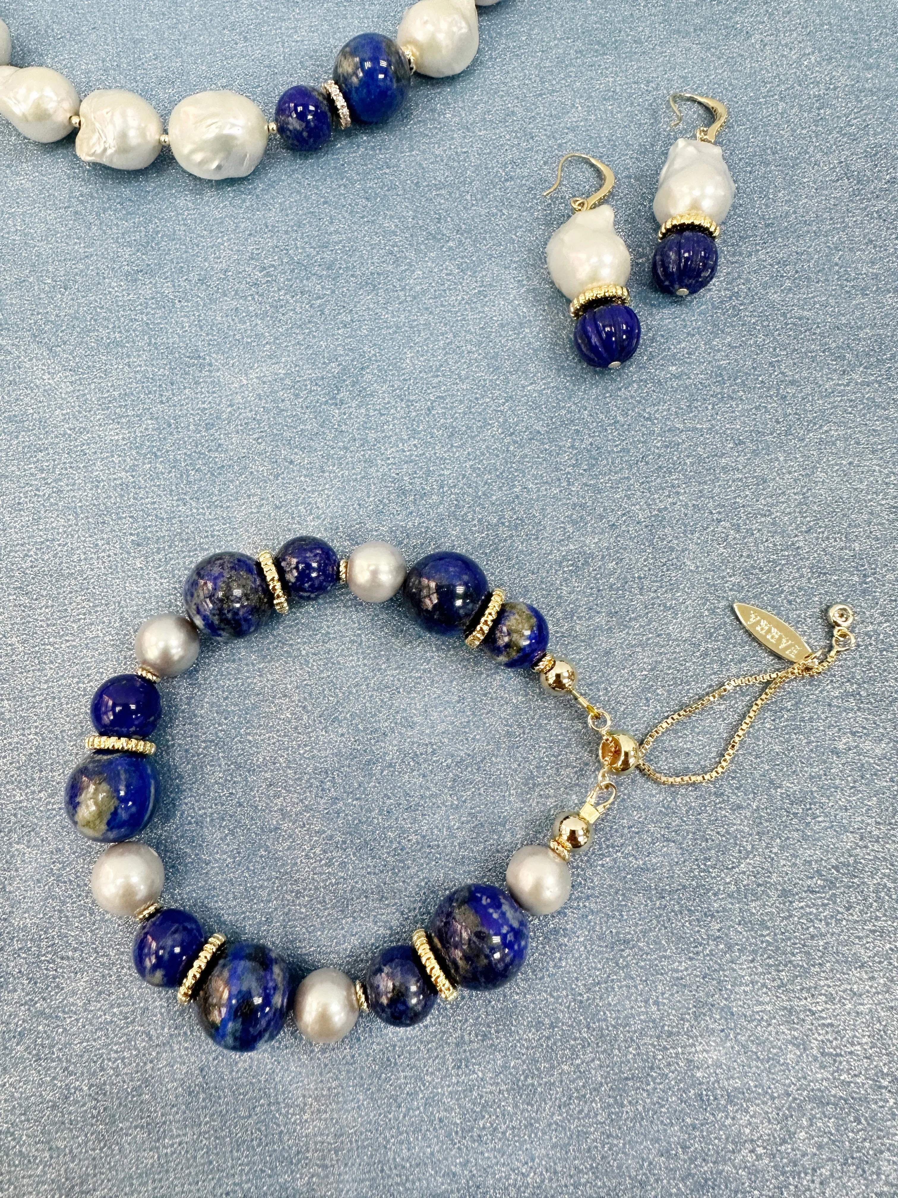 Nugget Blue Lapis with Gray Freshwater Pearls Adjustable Bracelet LB011