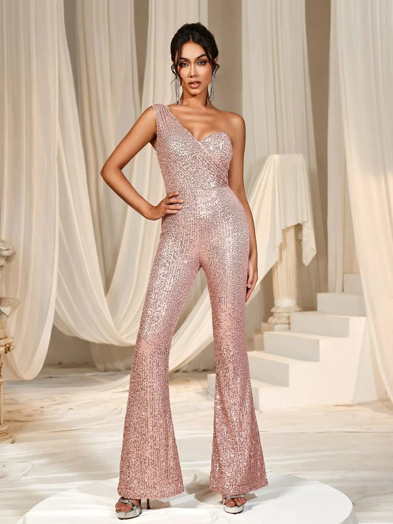 One Shoulder Sleeveless Sequin Party Jumpsuit