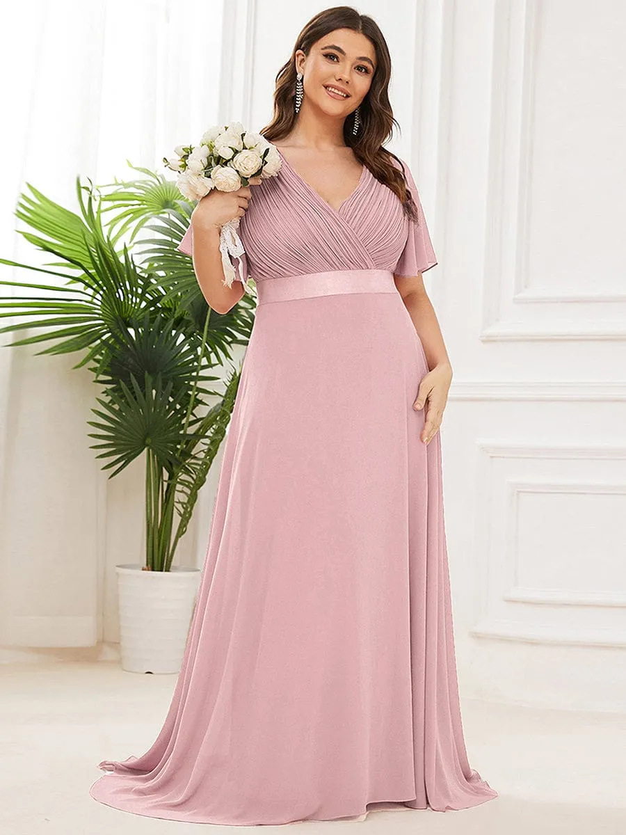 Plus Size Empire Waist V Back Bridesmaid Dress with Short Sleeves