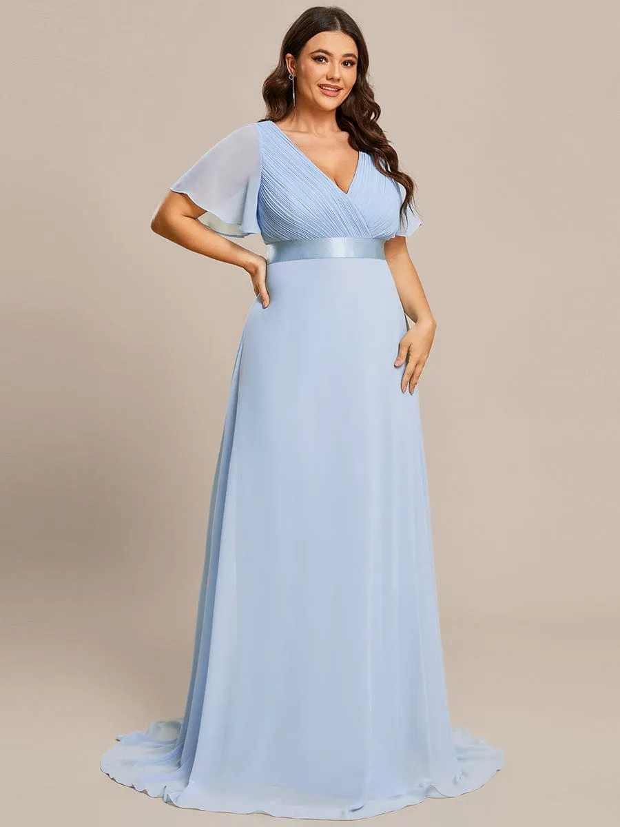 Plus Size Empire Waist V Back Bridesmaid Dress with Short Sleeves