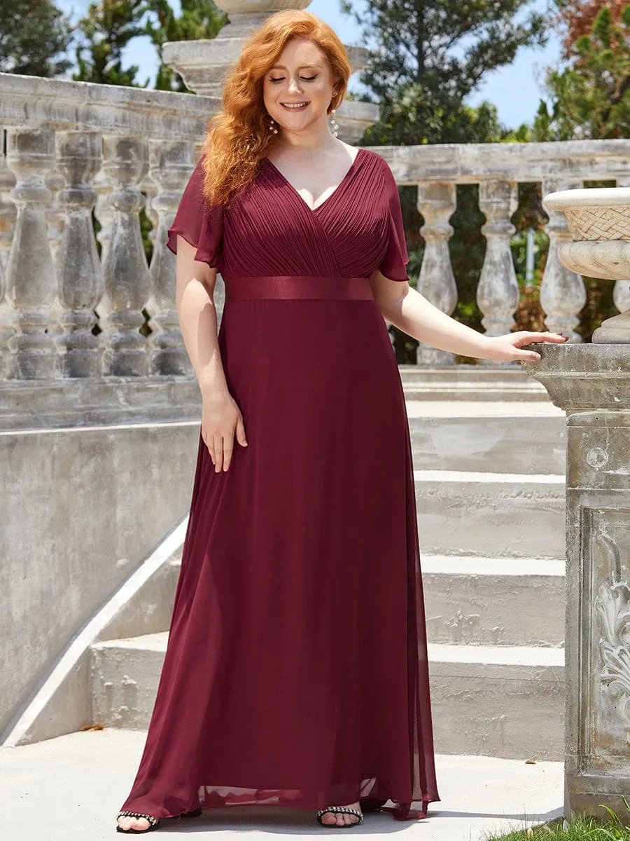 Plus Size Empire Waist V Back Bridesmaid Dress with Short Sleeves