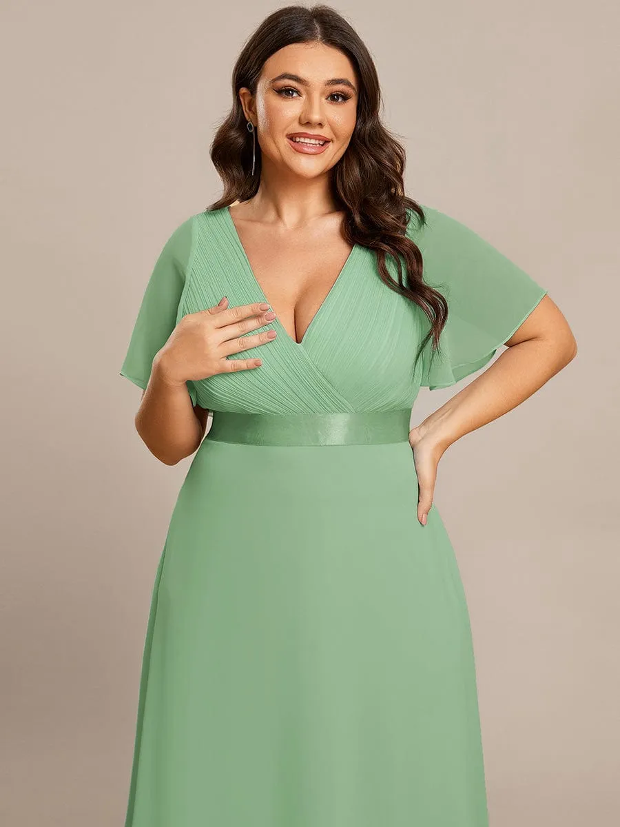 Plus Size Empire Waist V Back Bridesmaid Dress with Short Sleeves