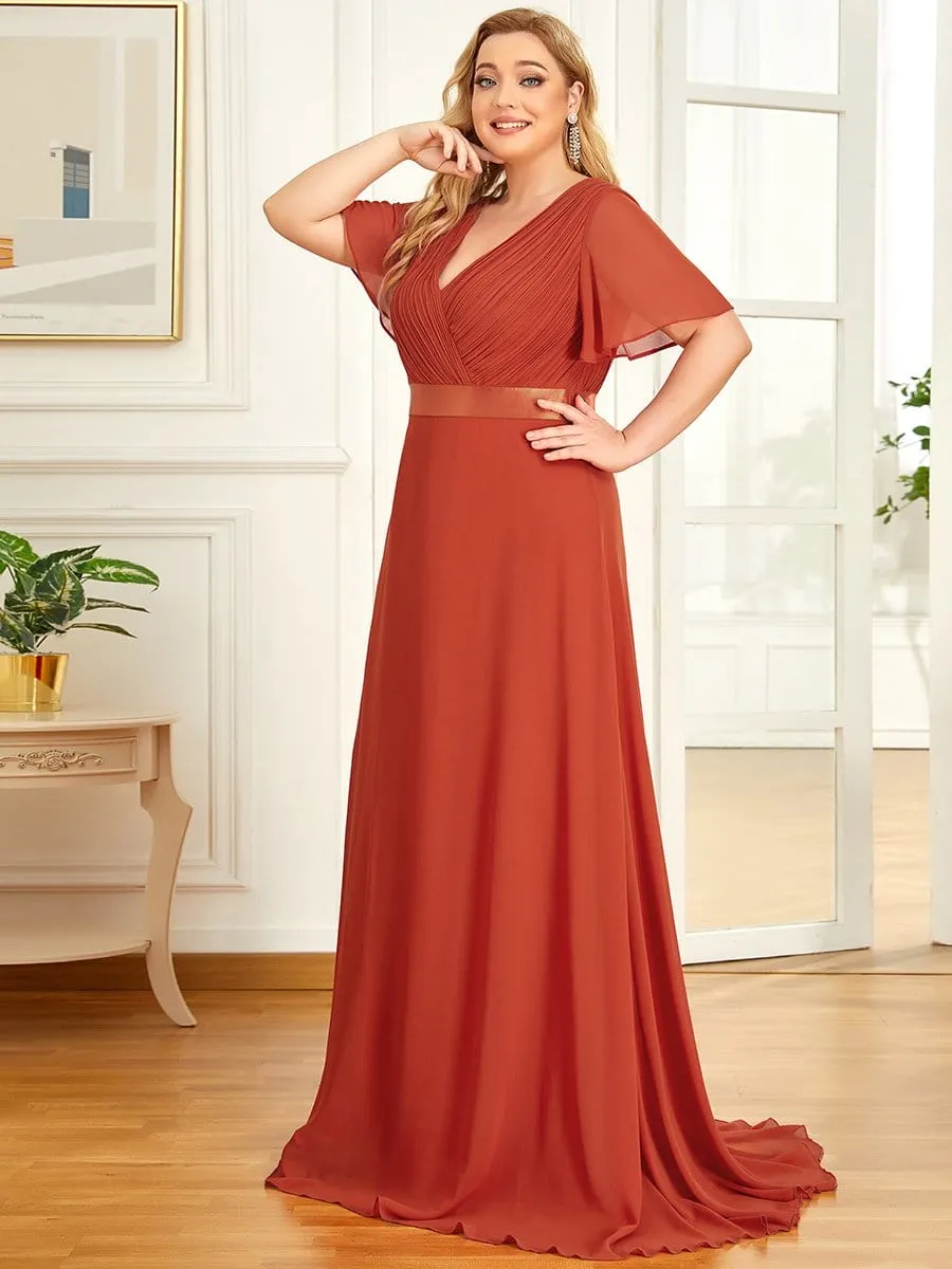 Plus Size Empire Waist V Back Bridesmaid Dress with Short Sleeves