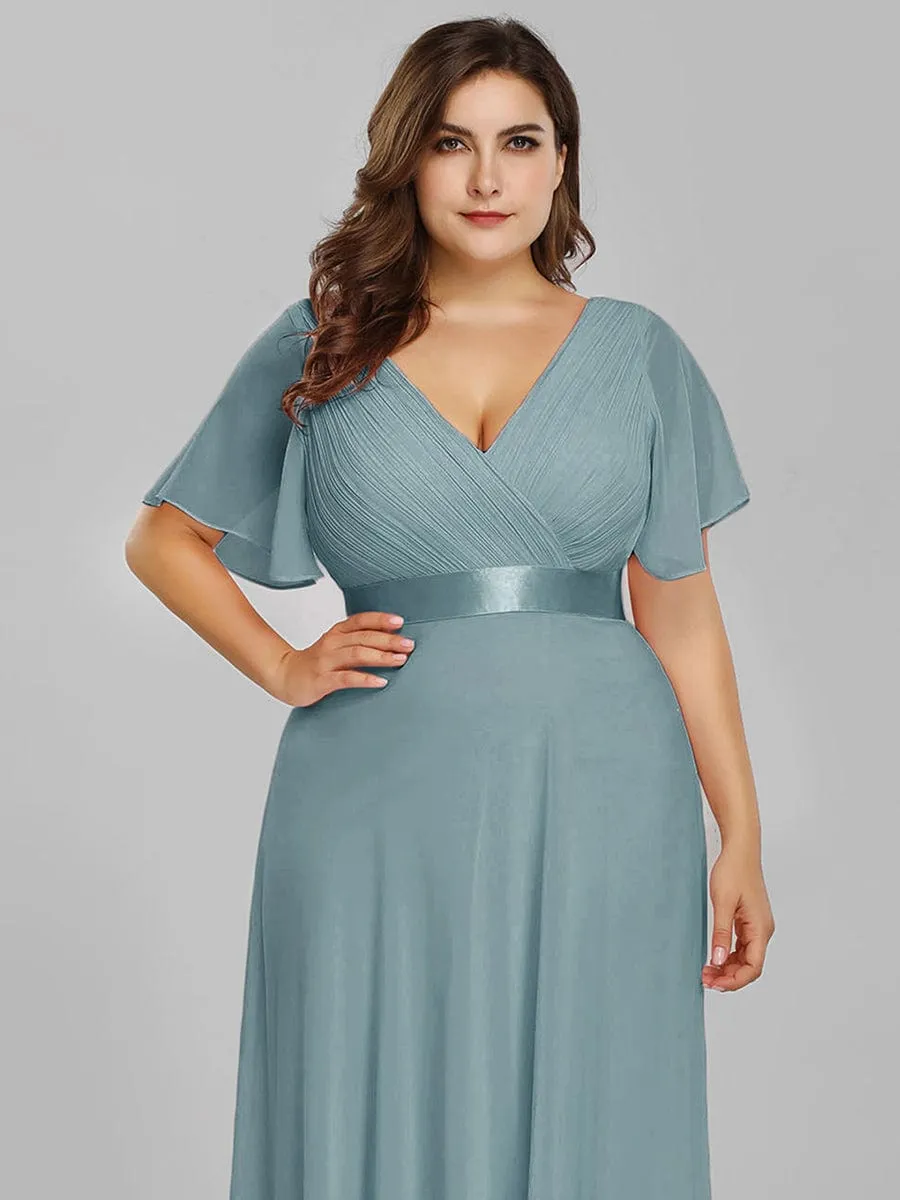 Plus Size Empire Waist V Back Bridesmaid Dress with Short Sleeves