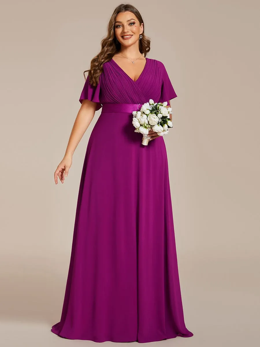 Plus Size Empire Waist V Back Bridesmaid Dress with Short Sleeves