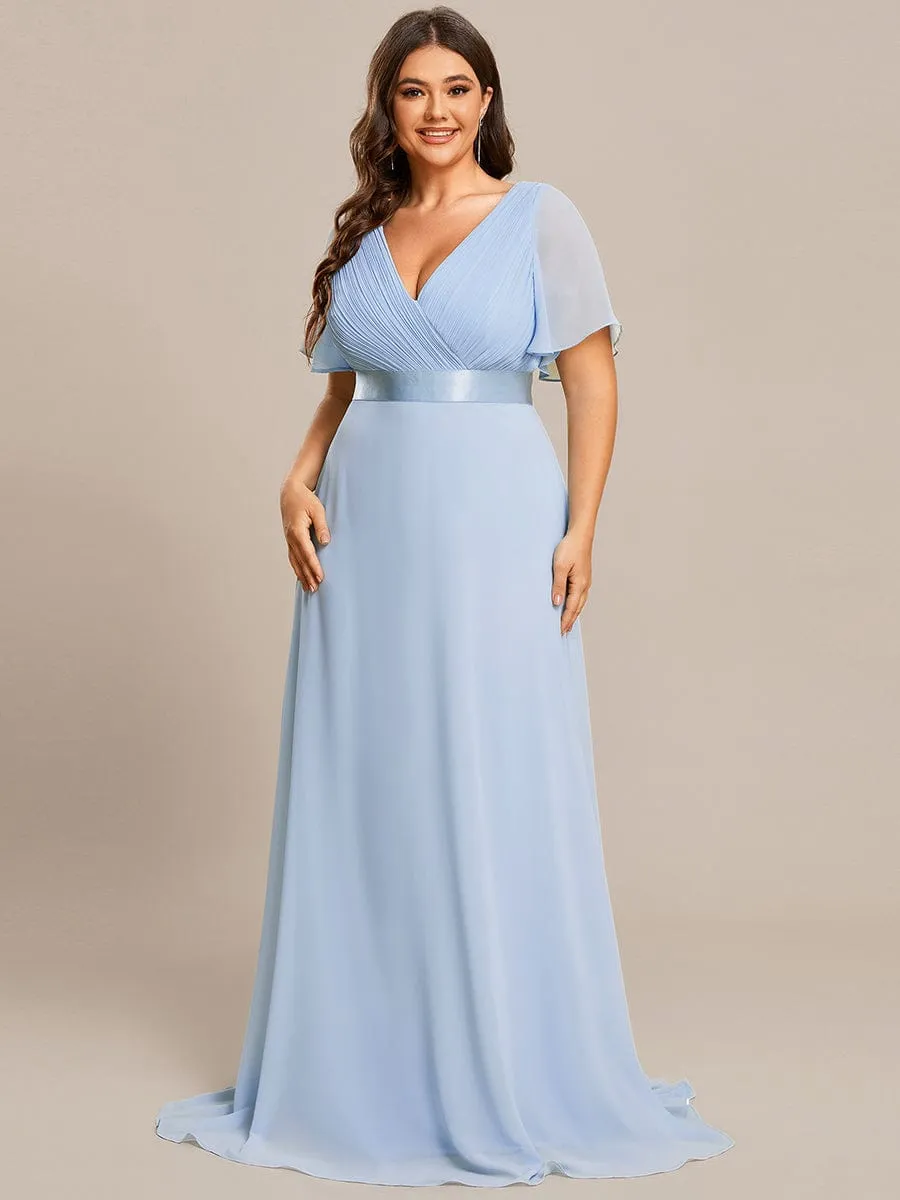 Plus Size Empire Waist V Back Bridesmaid Dress with Short Sleeves