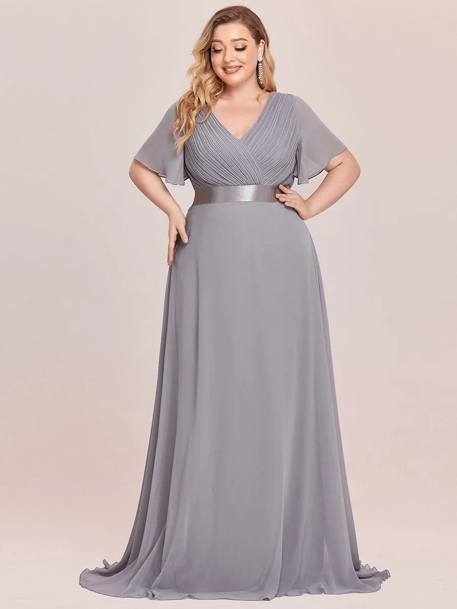 Plus Size Empire Waist V Back Bridesmaid Dress with Short Sleeves