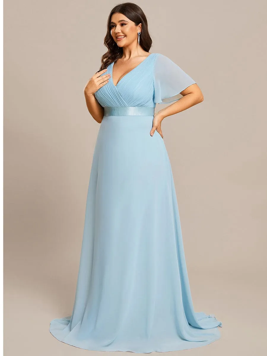 Plus Size Empire Waist V Back Bridesmaid Dress with Short Sleeves