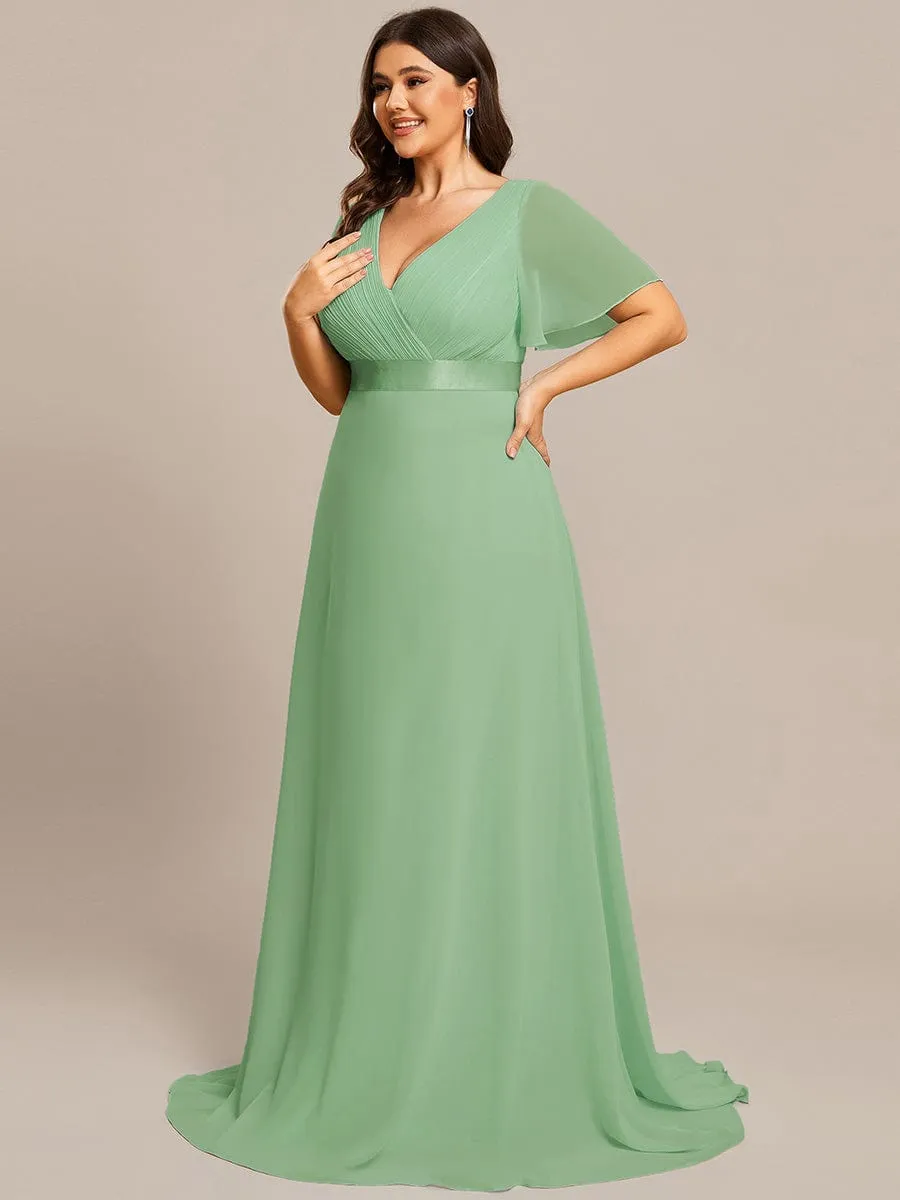 Plus Size Empire Waist V Back Bridesmaid Dress with Short Sleeves