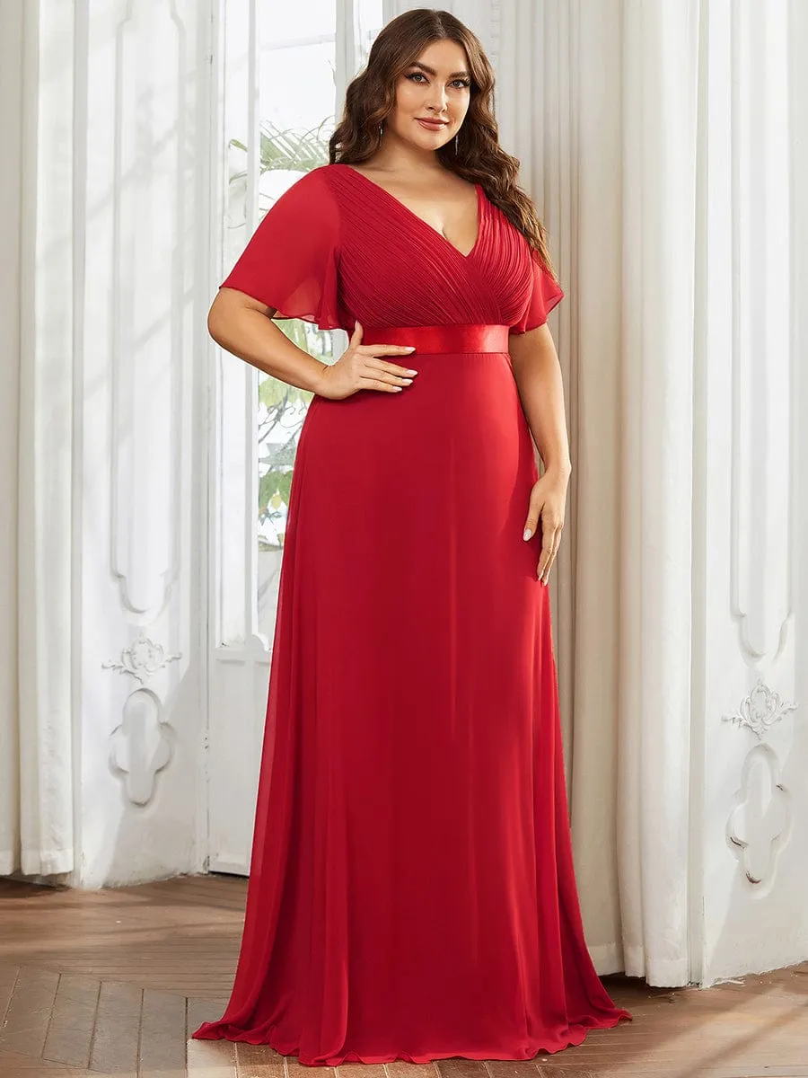 Plus Size Empire Waist V Back Bridesmaid Dress with Short Sleeves