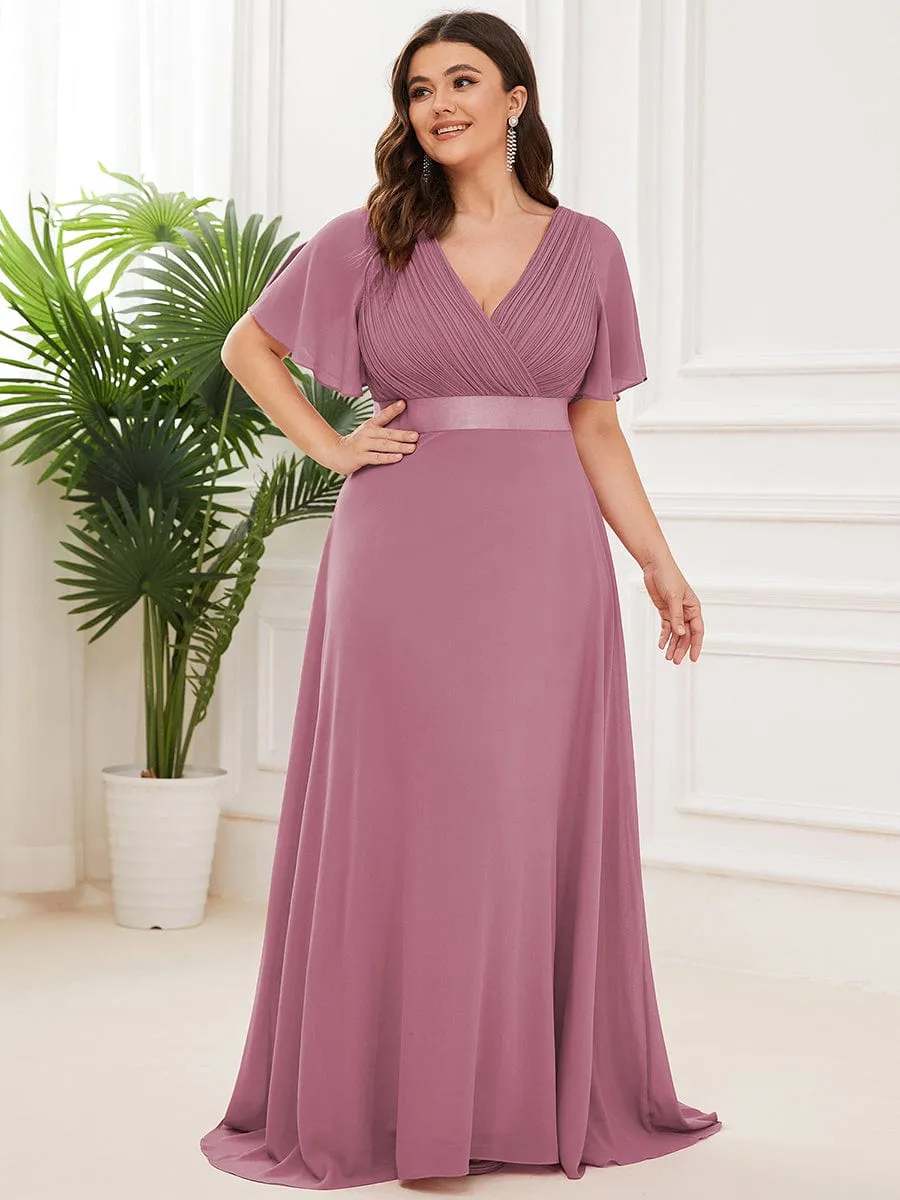 Plus Size Empire Waist V Back Bridesmaid Dress with Short Sleeves