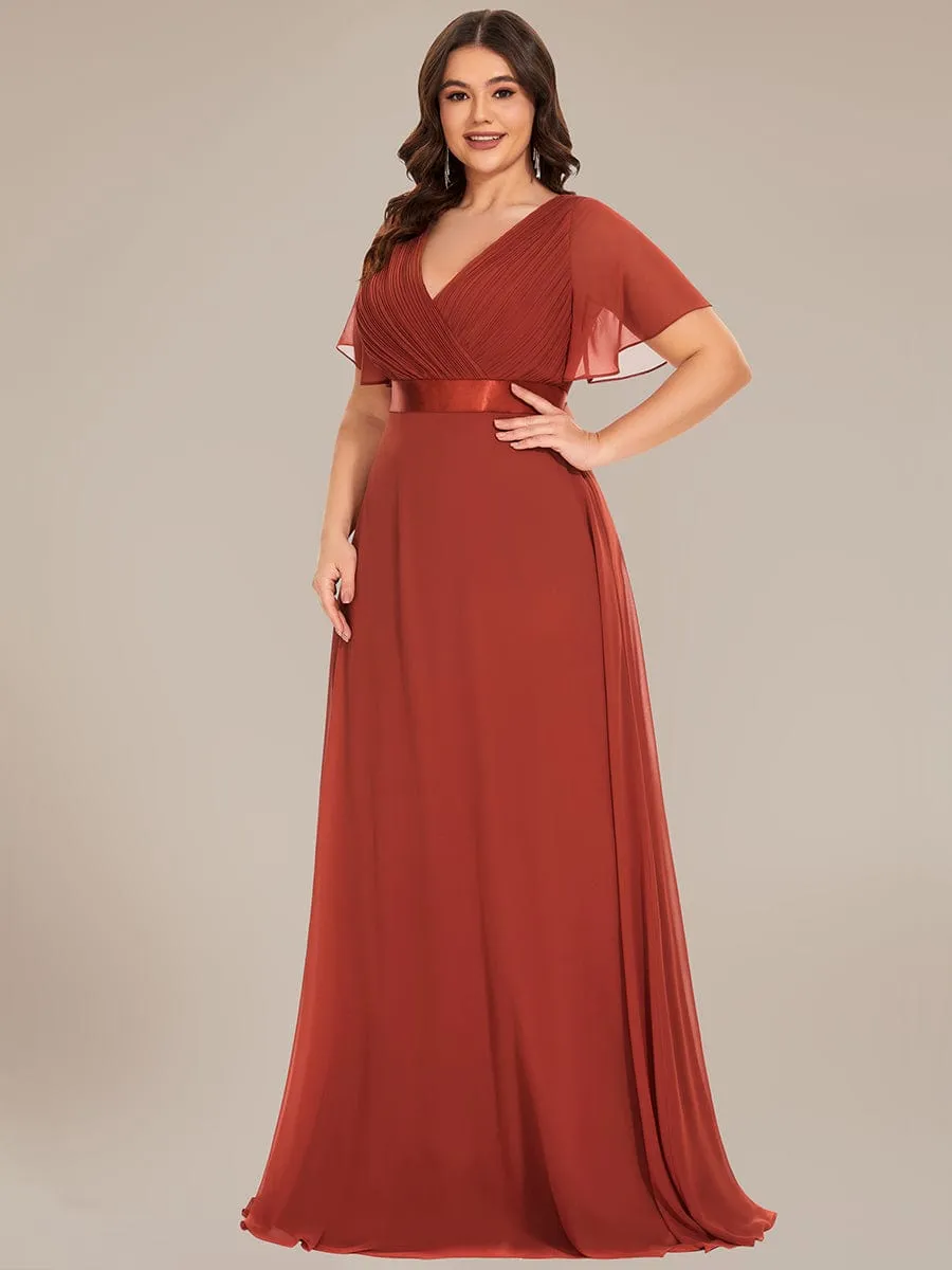 Plus Size Empire Waist V Back Bridesmaid Dress with Short Sleeves