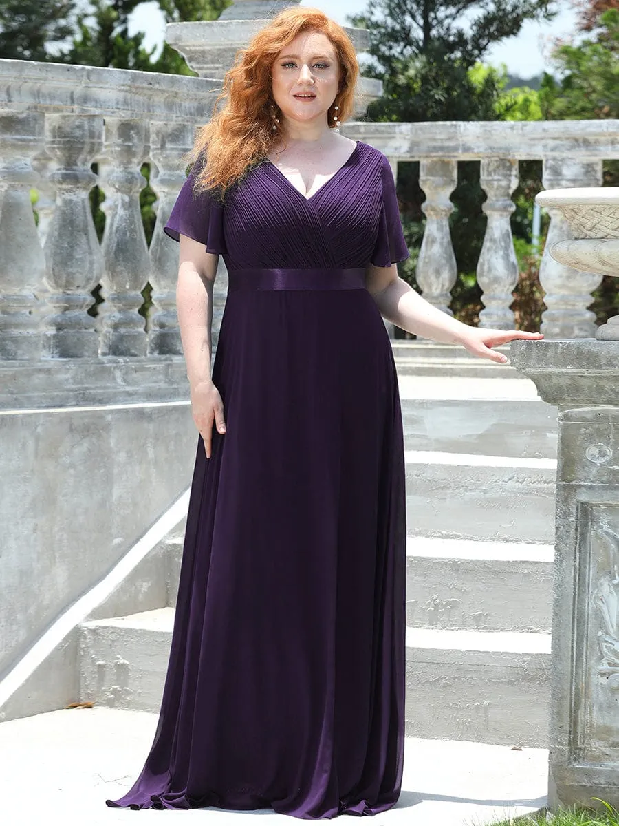 Plus Size Empire Waist V Back Bridesmaid Dress with Short Sleeves