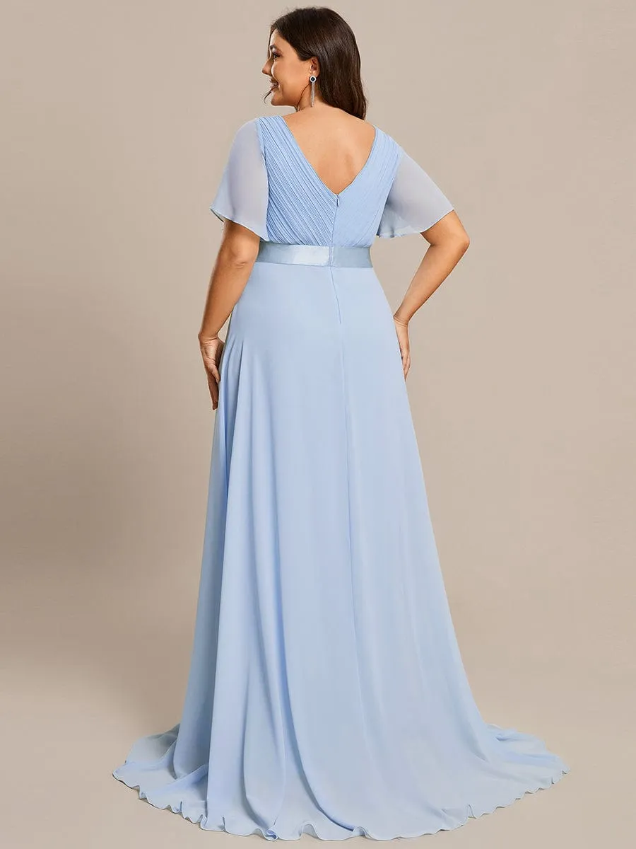 Plus Size Empire Waist V Back Bridesmaid Dress with Short Sleeves