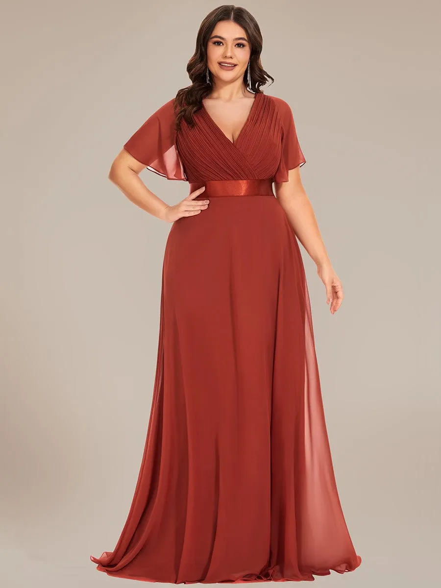 Plus Size Empire Waist V Back Bridesmaid Dress with Short Sleeves