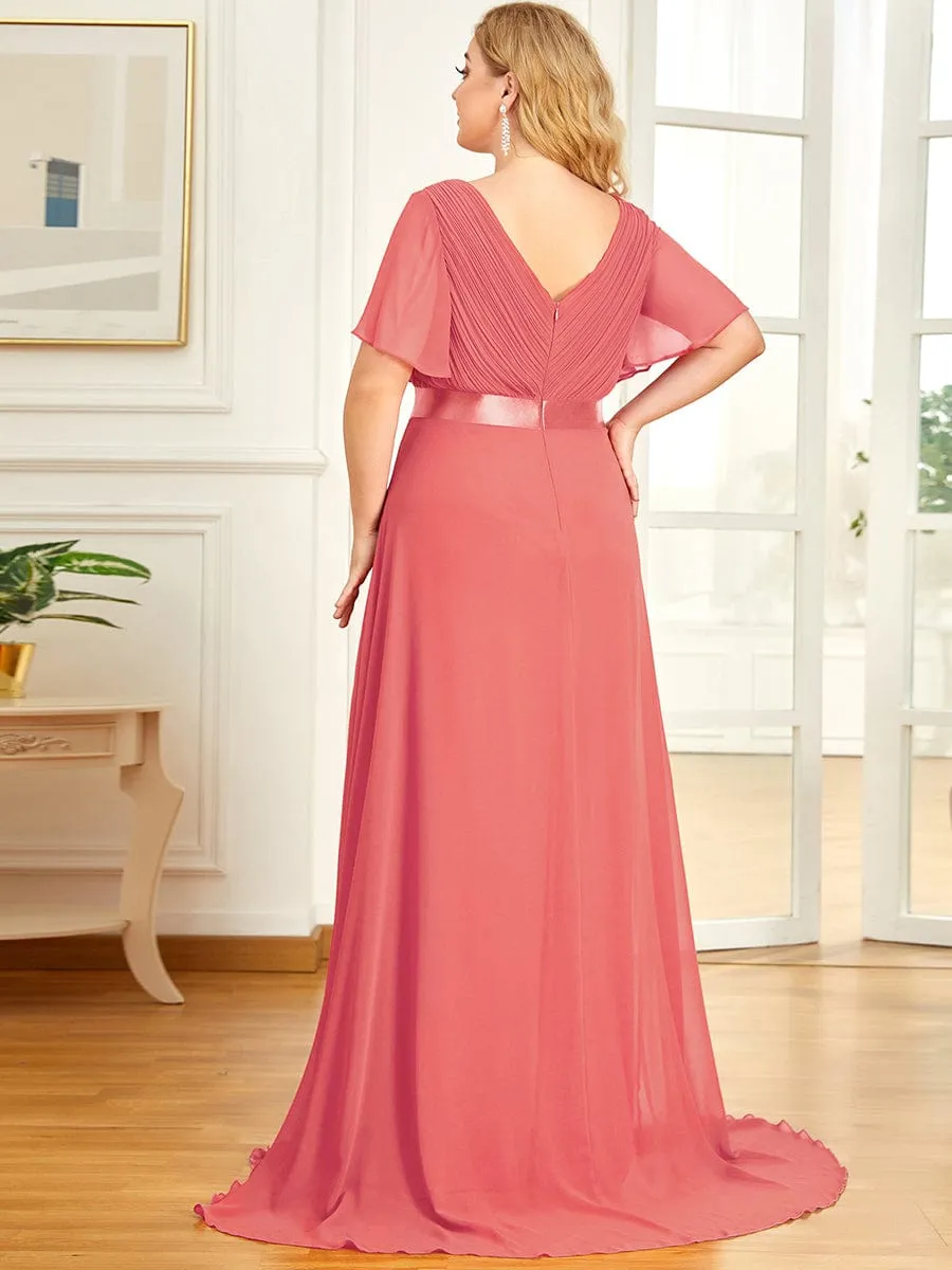 Plus Size Empire Waist V Back Bridesmaid Dress with Short Sleeves