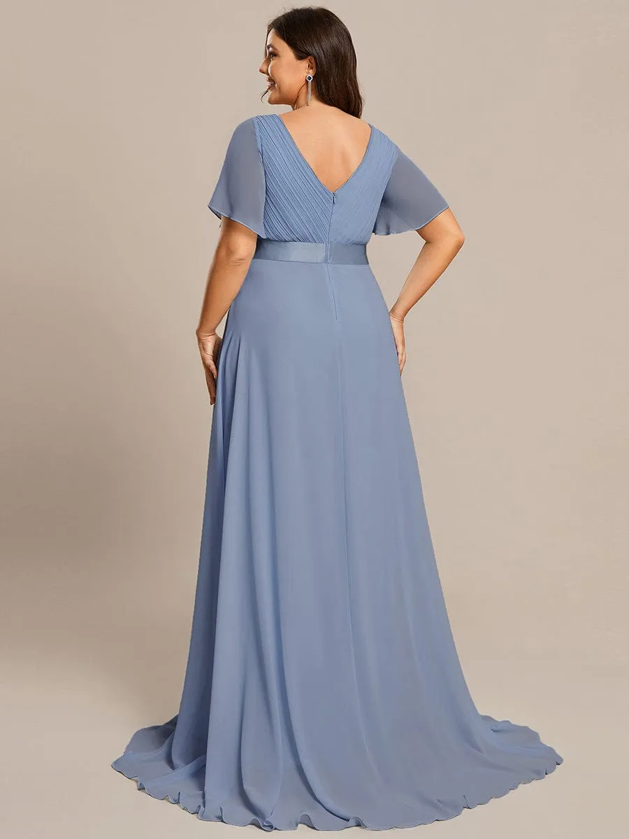 Plus Size Empire Waist V Back Bridesmaid Dress with Short Sleeves