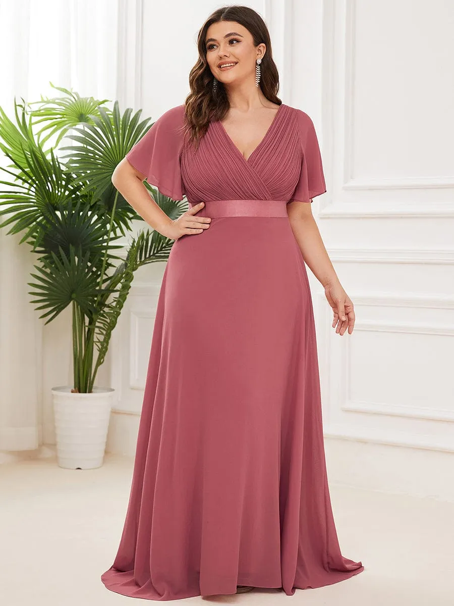 Plus Size Empire Waist V Back Bridesmaid Dress with Short Sleeves