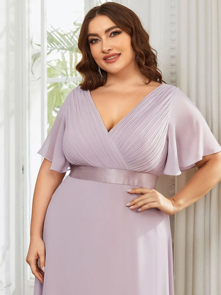 Plus Size Empire Waist V Back Bridesmaid Dress with Short Sleeves