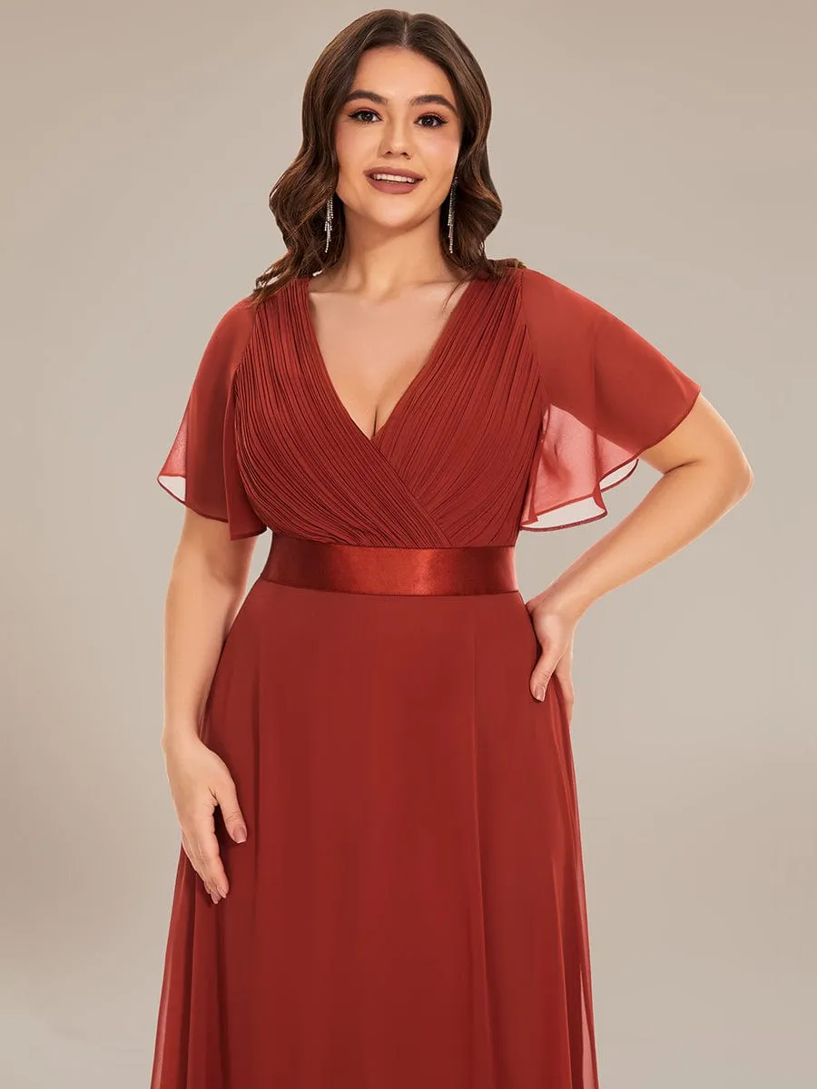 Plus Size Empire Waist V Back Bridesmaid Dress with Short Sleeves