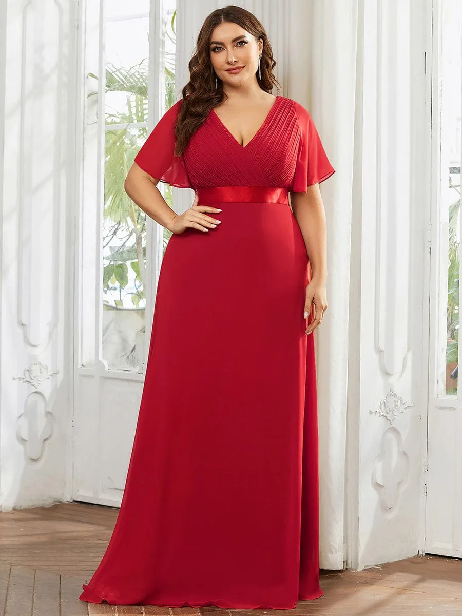 Plus Size Empire Waist V Back Bridesmaid Dress with Short Sleeves