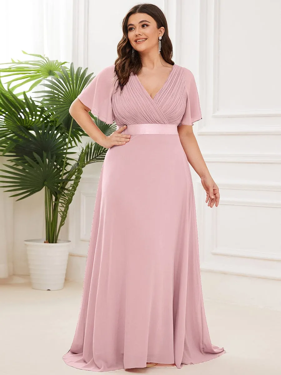 Plus Size Empire Waist V Back Bridesmaid Dress with Short Sleeves