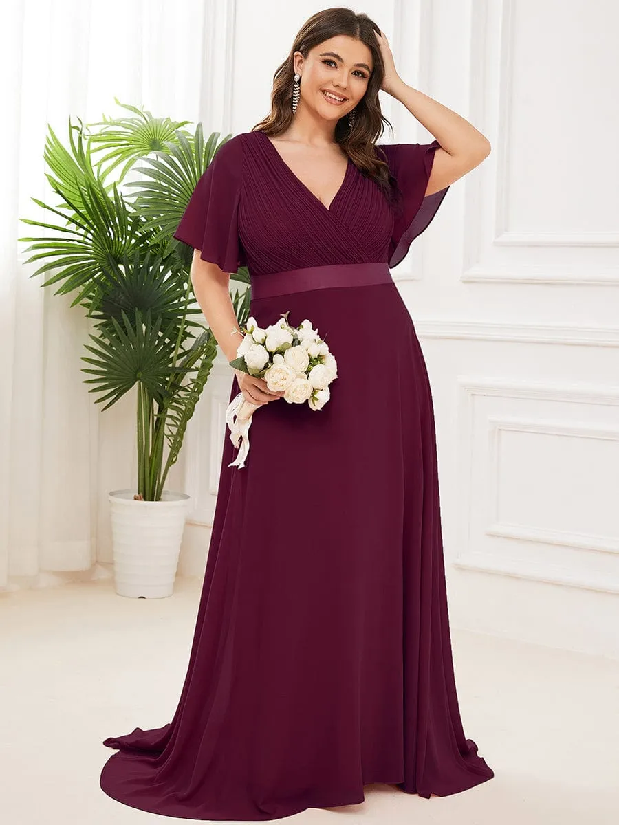 Plus Size Empire Waist V Back Bridesmaid Dress with Short Sleeves