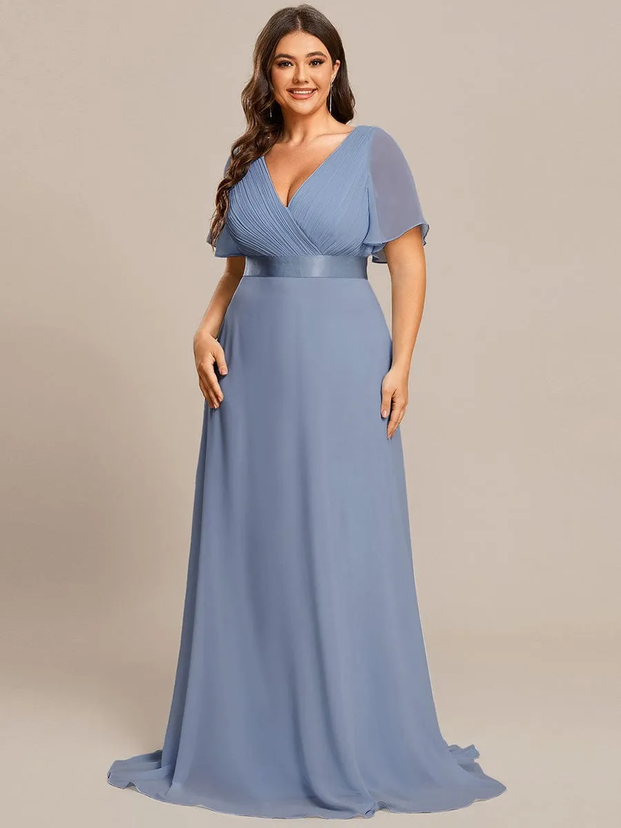 Plus Size Empire Waist V Back Bridesmaid Dress with Short Sleeves