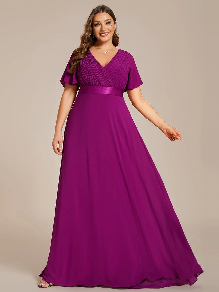 Plus Size Empire Waist V Back Bridesmaid Dress with Short Sleeves