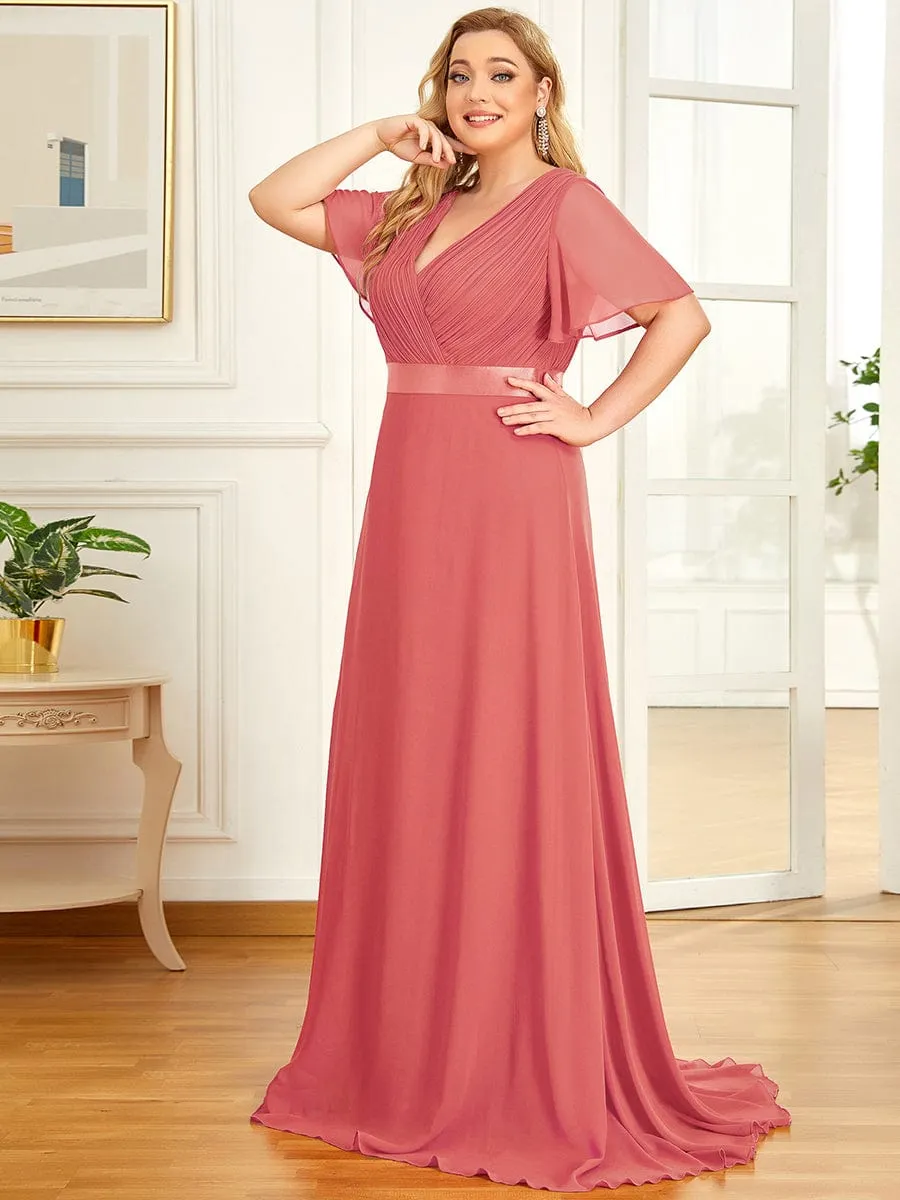 Plus Size Empire Waist V Back Bridesmaid Dress with Short Sleeves