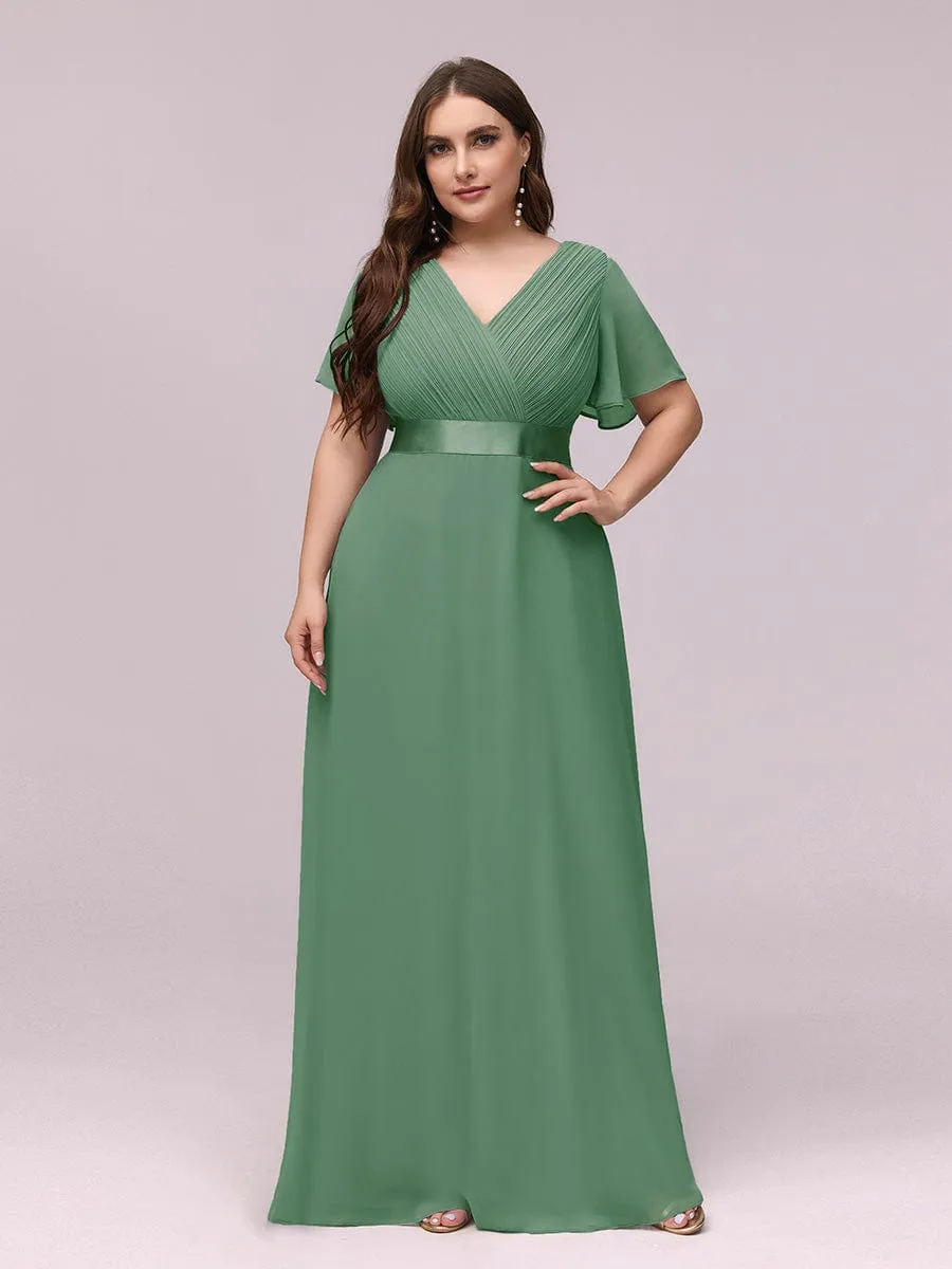 Plus Size Empire Waist V Back Bridesmaid Dress with Short Sleeves