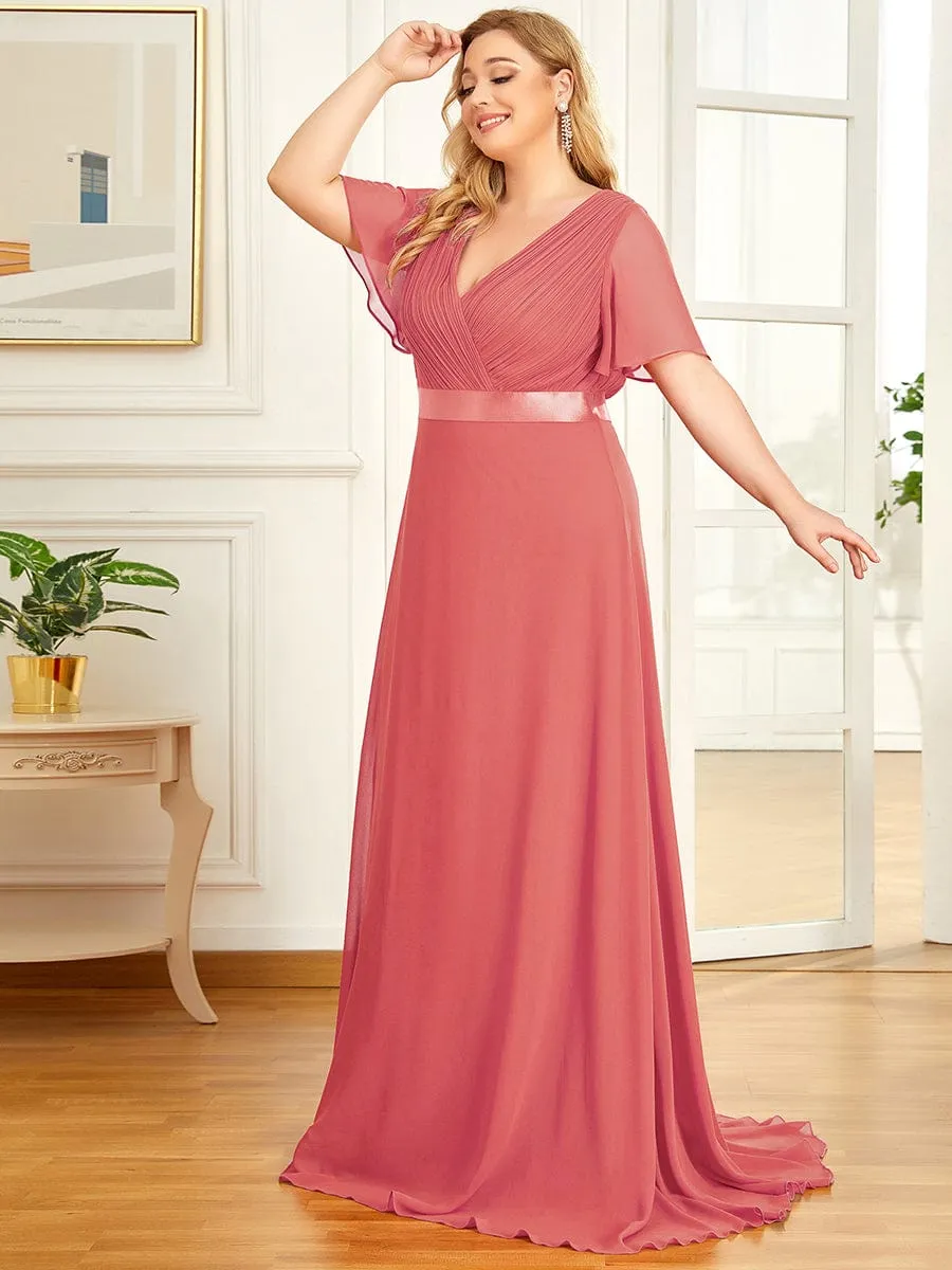 Plus Size Empire Waist V Back Bridesmaid Dress with Short Sleeves